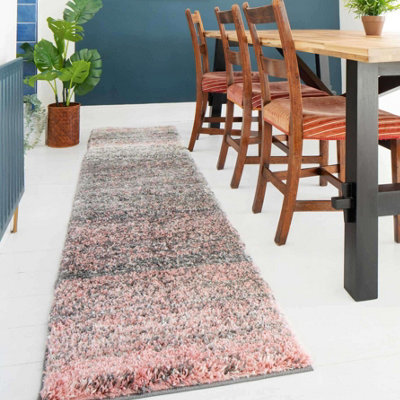 Loomed Super Soft Blush Pink Grey Mottled Striped Shaggy Runner Rug 60X240Cm - image 1