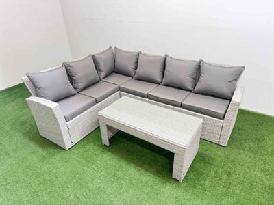 Fimous Rattan Garden Furniture Set Outdoor 6 Seater Corner Sofa Sets With Oblong Coffee Table Light Grey Mixed - image 1