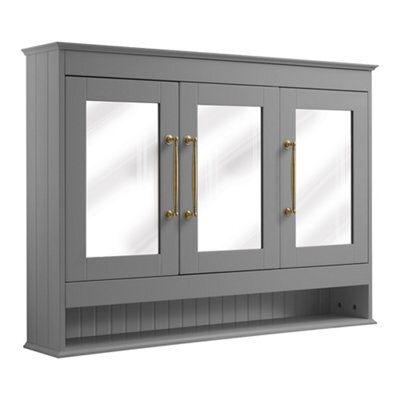 Homestylestore 1050 X 750mm Light Grey Wall Mounted Mirrored Door Bathroom Cabinet And Aged Gold T Bar Handles - image 1