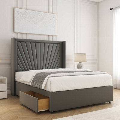 Bsspoke Alina Divan Bed Grey Plush Velvet 54Inch Wingedback Panel Headboard 2 Drawers Footend & Mattress In All Sizes - image 1