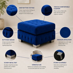 Stratus Interiors Layla Luxury Upholstered Ottoman With Metal Stud Detailing, Deep Button Tufted Accent Seat For Living Room - Blue - Footstool - thumbnail 2