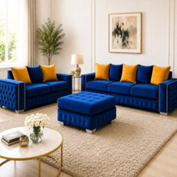 Stratus Interiors Layla Luxury Upholstered Ottoman With Metal Stud Detailing, Deep Button Tufted Accent Seat For Living Room - Blue - Footstool - thumbnail 3