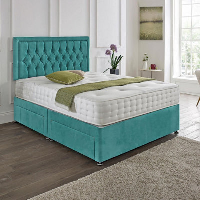 Dining Tables Lisbon Matching Headboard Divan Set, 2 Drawer On Same Side With Sprung 1500 Comfort Mattress - Plush Velvet Duck Egg - King - image 1