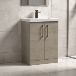 Balterley Bramshall Contemporary Bathroom Floor Standing 2-Door Vanity & Mid-Edge Basin, Solace Oak, 600mm - thumbnail 3