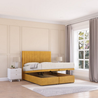 Sloomy Manhattan End Lift Ottoman Bed 6Ft With Sprung Memory Mattress - Mustard Plush & Headboard- Super King - image 1