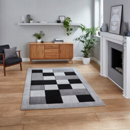 Grey Rug Geometric Bordered Chequered Polypropylene Rug For Living Room Bedroom And Dining Room-60Cm X 120Cm - thumbnail 1