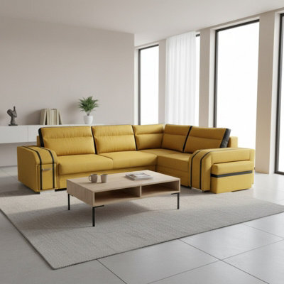 Avatar Corner Sofa Bed With Ottoman And Side Bar Upholstered Back Loose Cushions 300X200X90Cm 145X220Cm Yellow And Black Right - image 1