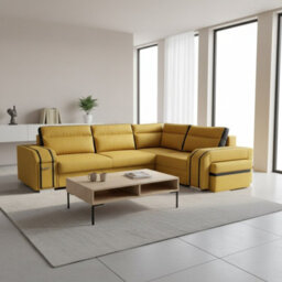 Avatar Corner Sofa Bed With Ottoman And Side Bar Upholstered Back Loose Cushions 300X200X90Cm 145X220Cm Yellow And Black Right