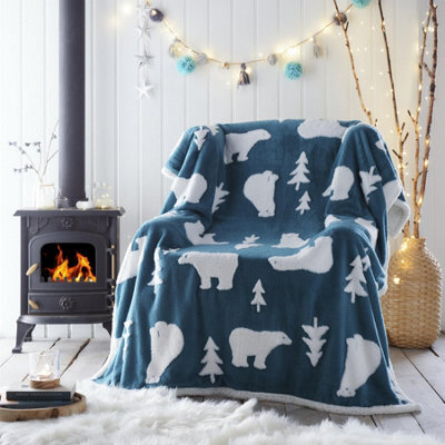 Portfolio Home Polar Bear Sherpa Fleece Throw 130X170Cm  Blue