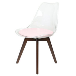 Fusion Living Soho Clear And Blush Pink Plastic Dining Chair With Squared Dark Wood Legs