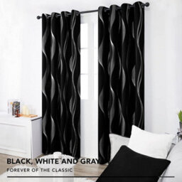 Deconovo Blackout Silver Wave Line Foil Printed Thermal Curtains Eyelet Curtains For Bedroom 66 X 54 Inch Black Two Panels - thumbnail 2