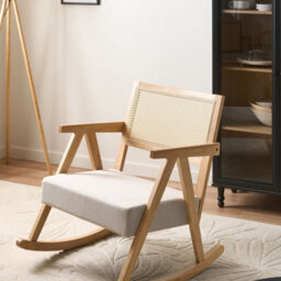 Wyld And Coco Vienna Home Rocking Armchair, Light Brown Fabric, Vienna Backrest - Rubberwood Frame, Beige. - thumbnail 2