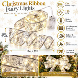 Shopnbits 12M 120 Led Christmas Ribbon Fairy Lights Silver, Battery Powered, Ipx4, Warm White - thumbnail 5
