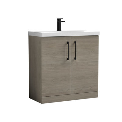 Balterley Bramshall Contemporary Bathroom Floor Standing 2-Door Vanity Unit & Mid-Edge Basin, Solace Oak, 800mm - image 1