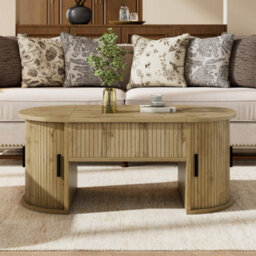 Abrihome Modern Height-Adjustable Coffee Table For Living Room, Open Shelves & Hidden Storage With Sliding Doors - thumbnail 1