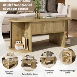 Abrihome Modern Height-Adjustable Coffee Table For Living Room, Open Shelves & Hidden Storage With Sliding Doors - thumbnail 3