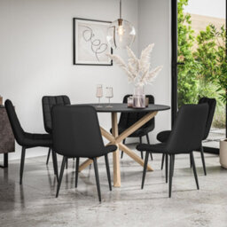 More4Homes Malvern Round Dining Table And Chairs -  Black Table Top W Solid Oak Legs + Nova Faux Leather Dining Chair Set Of 6 (Black) - thumbnail 1