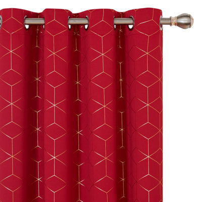 Deconovo Eyelet Super Soft Gold Diamond Printed Blackout Curtains, Thermal Insulated Curtains, W52 X L63 Inch, Red, One Pair - image 1