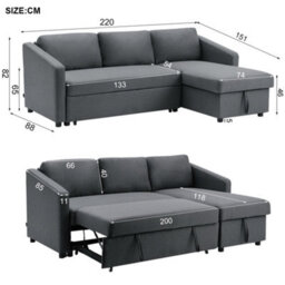 Living And Home Dark Grey L Shaped Sofa Bed Fabric 3 Seater Corner Couch With Storage Chaise Lounge - thumbnail 6