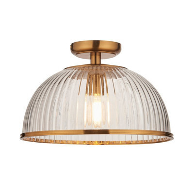 Luminosa Lighting Luminosa Somerset Bowl Semi Flush Ceiling Light Vintage Brass Finish & Clear Ribbed Glass E27 - image 1