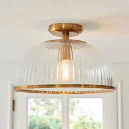 Luminosa Lighting Luminosa Somerset Bowl Semi Flush Ceiling Light Vintage Brass Finish & Clear Ribbed Glass E27 - thumbnail 4