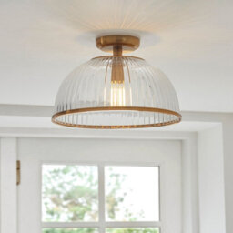 Luminosa Lighting Luminosa Somerset Bowl Semi Flush Ceiling Light Vintage Brass Finish & Clear Ribbed Glass E27 - thumbnail 3