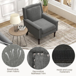 Costway Modern Armchair Linen Fabric Upholstered Single Sofa Side Chair W/ Nailhead Trim - thumbnail 8