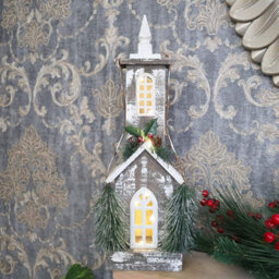 Shatchi Christmas Decoation Battery Operated Wooden House Green Tabletop Decorated With Berries, Pines And Small Warm White Bulbs - thumbnail 6