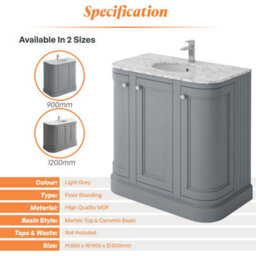 Plum&clay Fairmont Traditional Curved Light Grey Floor Standing Vanity Unit With Ceramic Basin & Marble Top (W)900mm - thumbnail 4
