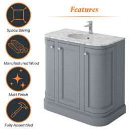 Plum&clay Fairmont Traditional Curved Light Grey Floor Standing Vanity Unit With Ceramic Basin & Marble Top (W)900mm - thumbnail 5