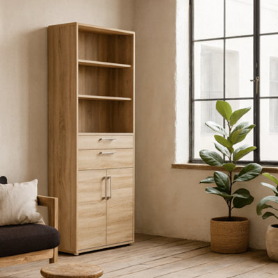 Wyld Haus Dris Tall Natural Oak Effect Bookcase 3 Shelves 4 Drawers - image 1