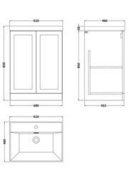 Balterley Stonnall Traditional Floor Standing 2 Door Vanity Unit With Thin-Edge Ceramic Basin, 600mm, Pebble Grey - thumbnail 2