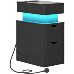Black Led Nightstand 2 Drawers Bedside Table With Charging Station - thumbnail 3