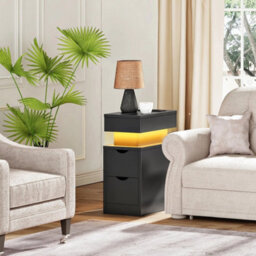 Black Led Nightstand 2 Drawers Bedside Table With Charging Station - thumbnail 5