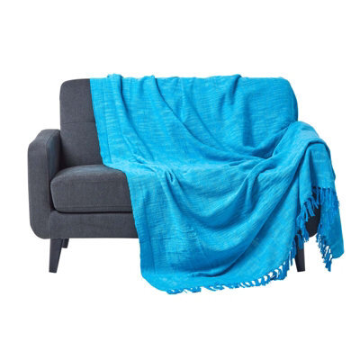 Homescapes Nirvana Slub Cotton Teal Throw, 225 X 255 Cm - image 1