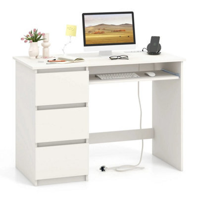 Computer Desk With Power Outlet 106 Cm White Office Desk With 3 Drawers - image 1