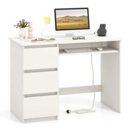 Computer Desk With Power Outlet 106 Cm White Office Desk With 3 Drawers - thumbnail 1