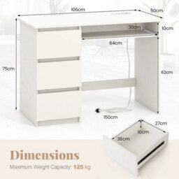 Computer Desk With Power Outlet 106 Cm White Office Desk With 3 Drawers - thumbnail 2