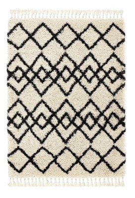 Ivory Charcoal Geometric Rug, 50mm Thick Handmade Rug, Shaggy Moroccan Rug, Modern Rug For Bedroom-160Cm X 230Cm - image 1