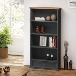 Mercers Furniture Corona Charcoal 1 Drawer Dvd Rack 4 Shelf Media Cd Storage Solid Wood Mexican Pine Wooden Dark Grey Bookcase