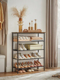 LEDREM 5-Tier Shoe Rack, Shoe Storage Shelf With 3 Fabric Shelves And Top, Steel Frame, Rustic Brown And Black - thumbnail 2