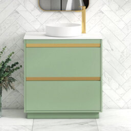 Royal Bathrooms Orion 800mm Mint Sage Floor Standing Plain White Countertop Vanity Unit 2 Drawer With Art Basin & Brushed Brass Accent Trim - thumbnail 2