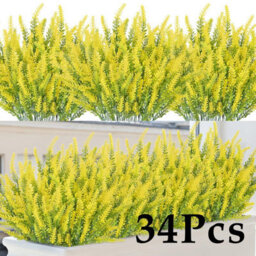 Amorly 32Pcs Yellow Artificial Lavender Flowers Outdoor Uv Resistant Fake Flowers No Fade Faux Plastic Plants Window Box Decorating - thumbnail 1