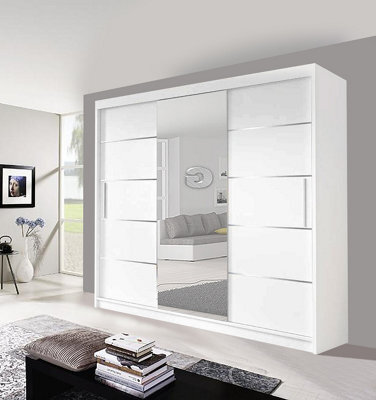 Modern Lyon Mirror Sliding Door Wardrobe With Hanging Rails & Shelves (White, 250Cm) - image 1