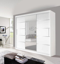 Modern Lyon Mirror Sliding Door Wardrobe With Hanging Rails & Shelves (White, 250Cm) - thumbnail 1