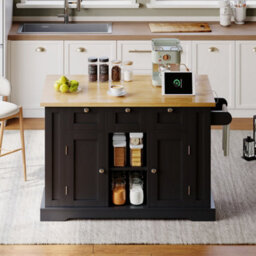 Btm 132Cm Kitchen Island On Wheels, Drop Leaf Trolley, Farmhouse Style, Socket, Drawer, 5 Wheels - thumbnail 7