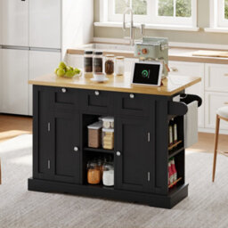 Btm 132Cm Kitchen Island On Wheels, Drop Leaf Trolley, Farmhouse Style, Socket, Drawer, 5 Wheels - thumbnail 5