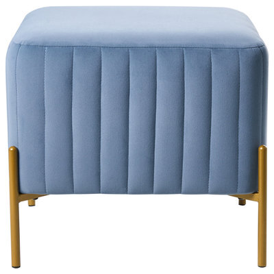 Wyld And Coco Blue Velvet Footstool Ottoman With Gold Metal Legs, 47Cm Square - image 1