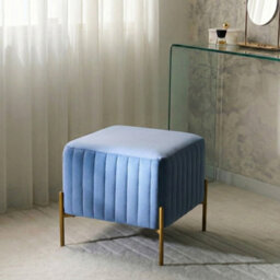 Wyld And Coco Blue Velvet Footstool Ottoman With Gold Metal Legs, 47Cm Square - thumbnail 2