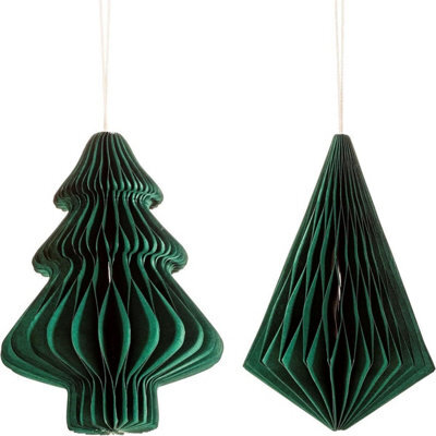 Sass & Belle Set Of 2 Deep Green Honeycomb Christmas Decorations - Tree And Diamond Shapes, 13 X 13 X 15 Cm Each